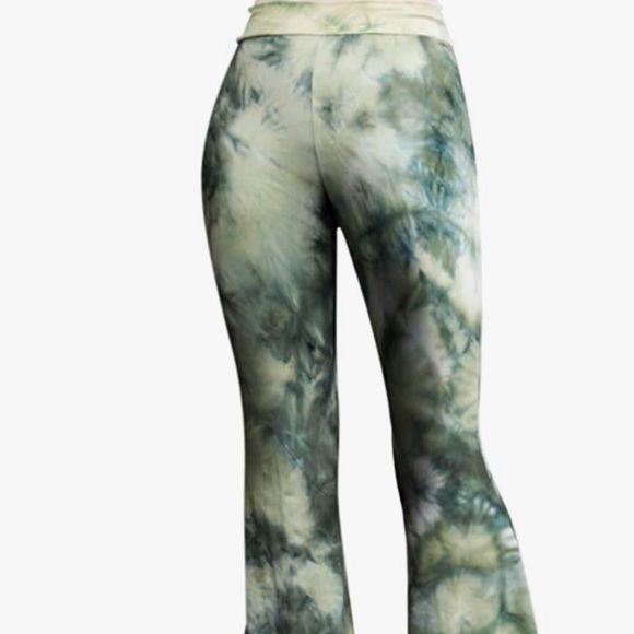 Army green tie dye bell bottom flared pants festival rave high waisted boho sexy - Picture 2 of 2